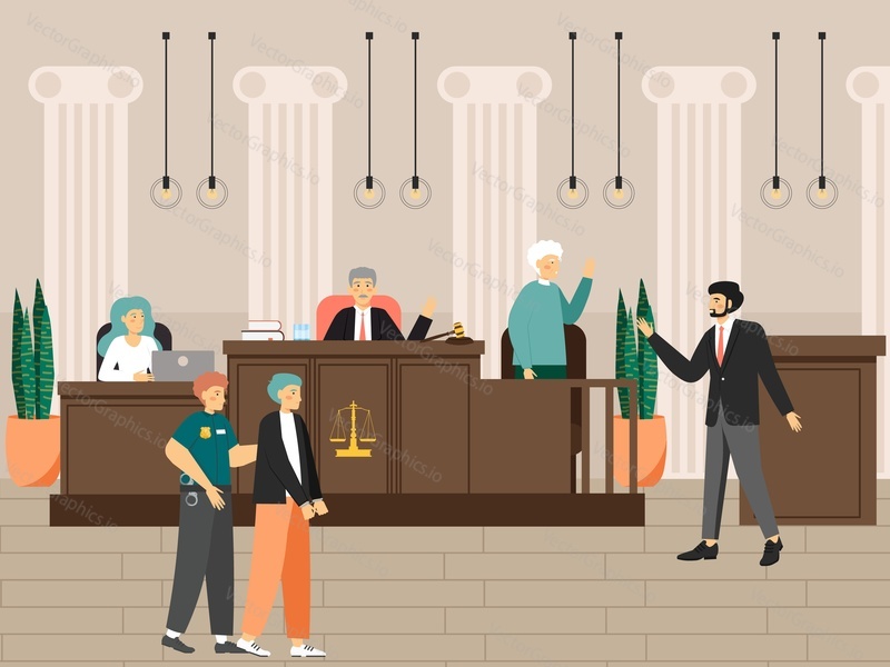 Court session in the courtroom, flat vector illustration. Legal trial scenes with judge, lawyers, security guard with criminal, woman recording court hearing. Judicial process. Law and justice.
