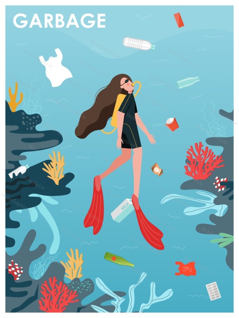 Female scuba diver swimming under water surrounded by floating plastic garbage, flat vector illustration. Water pollution. Ecological problem. Save environment, planet, ocean poster template.