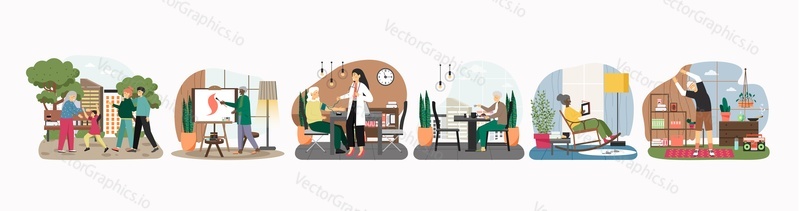 Nursing home set, flat vector illustration. Senior people reading, getting nurse assistance, having dinner, drawing picture, exercising, meeting with family. Elderly care. Active, healthy lifestyle.