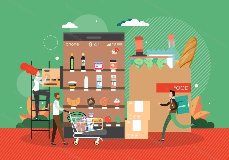 Online grocery store. Giant smartphone, paper bag with food products and tiny characters with shopping cart, credit card, flat vector illustration. Online grocery order delivery service.