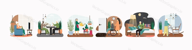 Nursing home scene set, flat vector illustration. Older adults watering plants, playing checkers, knitting, walking with caregiver, reading books. Elderly care. Healthy active lifestyles for seniors.