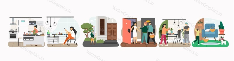 Easter celebration scene set, flat vector illustration. Happy people baking Easter cake, painting eggs, going to church, welcoming guests, having fun at home. Spring holiday preparation, celebration.