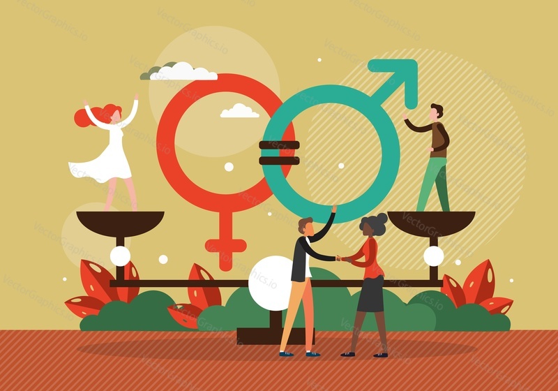 Gender equality. Business woman and man standing on balance scales on the same height, flat vector illustration. Equal rights, salary, job opportunity.