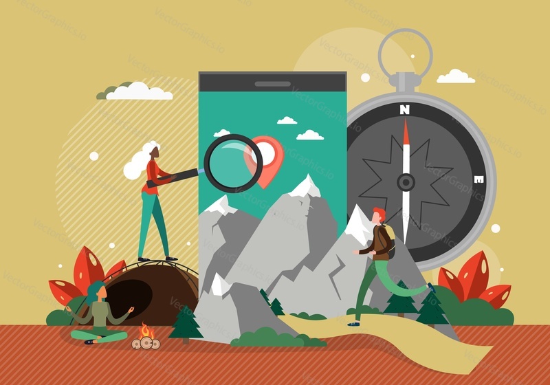 Smartphone with map location pin, people travelers camping, hiking, trekking, searching route, flat vector illustration. Geolocation, navigation app.