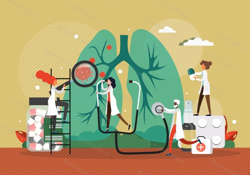 Tiny doctors inspecting huge patient lungs with magnifier, stethoscope, giving pills, flat vector illustration. Respiratory disease diagnosis, treatment. Pulmonary diagnostic. Medicine, healthcare.