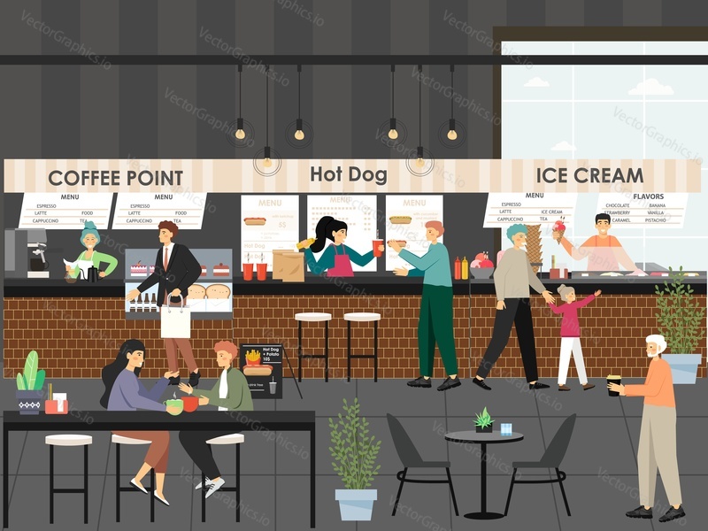 Market place shopping mall food court restaurants. People buying coffee, hot dogs, ice cream, flat vector illustration. Modern shopping center dining and entertainment.