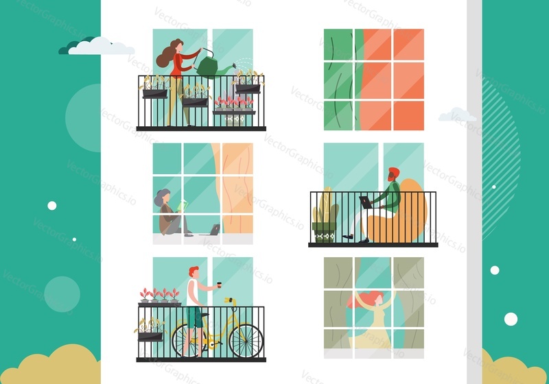 Apartment building exterior, neighbors sitting, standing by the window inside the house, on balcony, flat vector illustration. People reading books, watering flowers. Residential house and residents.