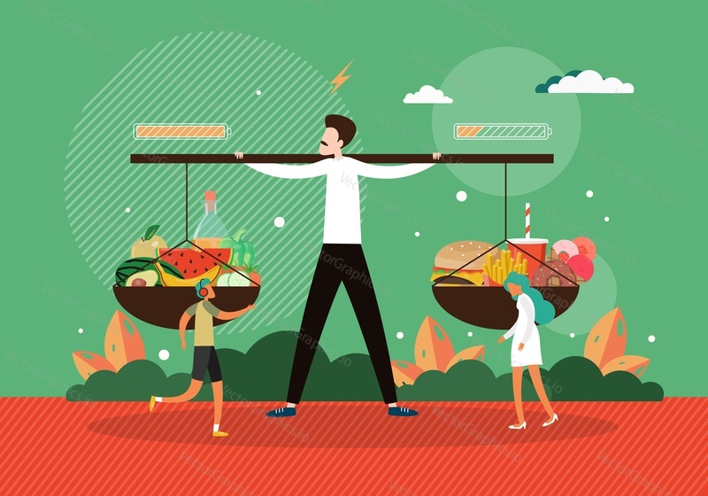 Man holding scales with fruits and fast food, flat vector illustration. Equilibrium. Balance healthy eating and junk food. Weight loss, proper nutrition. Balanced diet vs junk food.