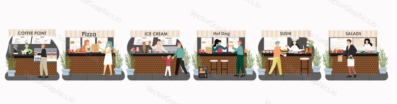 Market place shopping mall food stall, kiosk set, flat vector isolated illustration. People buying coffee, hot dogs, ice cream, pizza, sushi, salad.