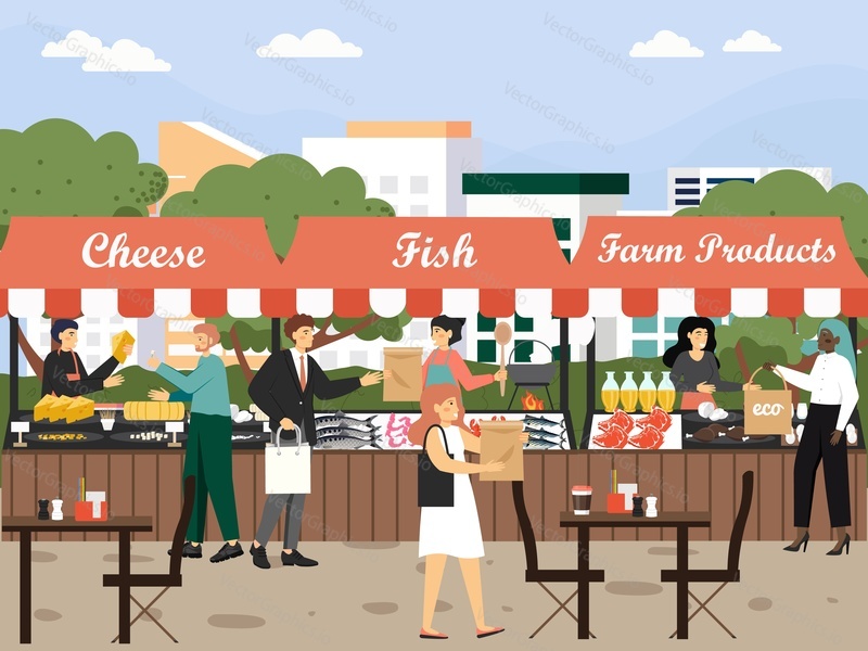 Local market place. People buying cheese, meat, fish, flat vector illustration. Eco farm natural organic food products.