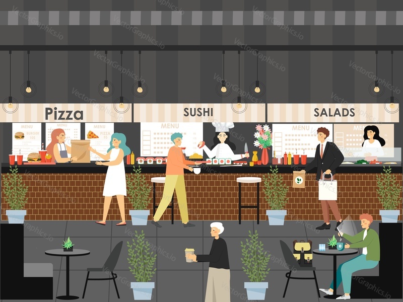Market place shopping mall food court restaurants. People buying and eating pizza, sushi, salad, flat vector illustration. Modern shopping center dining and entertainment.