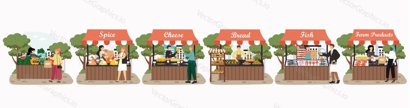 Local market food stalls, farmer shops. People buying fruits, spices, fish, meat, cheese, bread, flat vector isolated illustration. Purchase and sale of natural organic food, eco farm products.