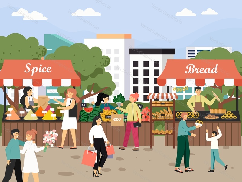 Local market place. People buying fresh fruits, vegetables, spices, bread, flat vector illustration. Farmers selling natural organic food products.