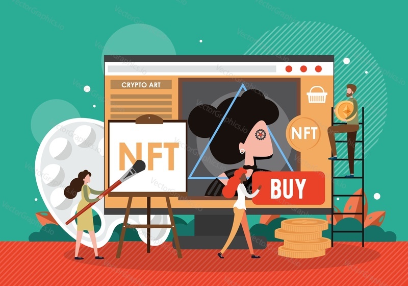 NFT artist creating crypto art, digital artwork with huge brush on computer screen, vector illustration. Crypto art market. Non-fungible token, NFT technology. Ethereum blockchain.
