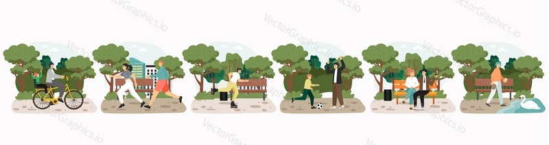 Happy people taking rest in park, flat vector illustration. Couple jogging, sitting on bench. Father with son riding bike, playing football. Man feeding swan, roller skating. Outdoor leisure activity.