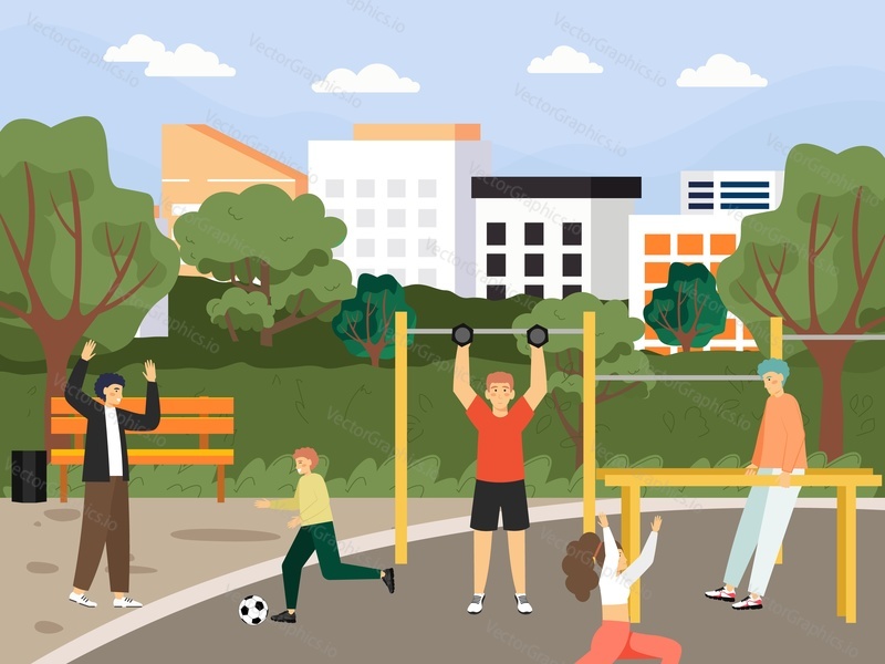 Male and female characters training in city park sport playground, flat vector illustration. Outdoor sport and fitness. Street workout exercises. Active and healthy lifestyle.
