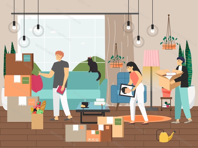 Family moving to new home, flat vector illustration. Living room interior. Male and female characters packing things in cardboard boxes. Moving house and relocation.
