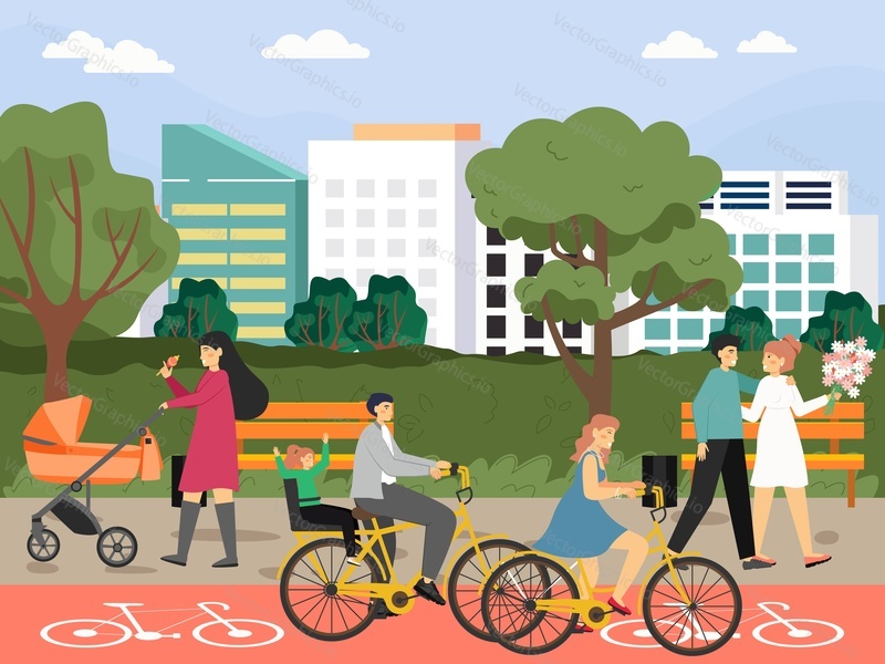 Family characters taking rest in city park, flat vector illustration. Happy mother, father with kid riding bicycle, young couple and mom with baby pram walking in the park. Family leisure activity.