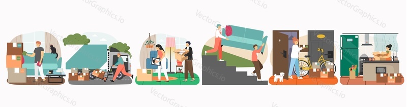 People packing books, kitchen utensils, other things and belongings in cardboard boxes, loaders carrying sofa, loading truck with boxes, flat vector illustration. Moving house and relocation services.