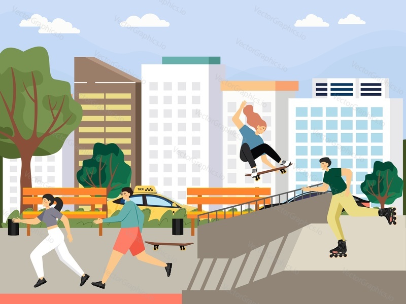 Happy young people skateboarding and roller skating, performing tricks in city park, flat vector illustration. Skateboard ramp. Skatepark. Active and healthy lifestyle. Summer outdoor activity