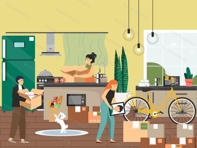 Family moving to new home, flat vector illustration. Kitchen interior. Male and female characters packing kitchen utensils in cardboard boxes. Moving house and relocation.