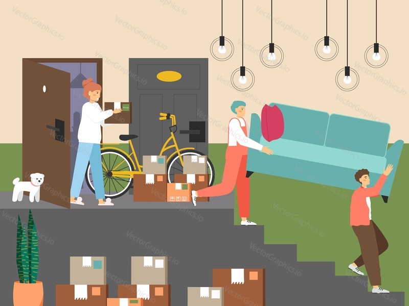 Family moving to new home, flat vector illustration. Loaders or movers taking sofa out of the room. Moving house. Home relocation company services.