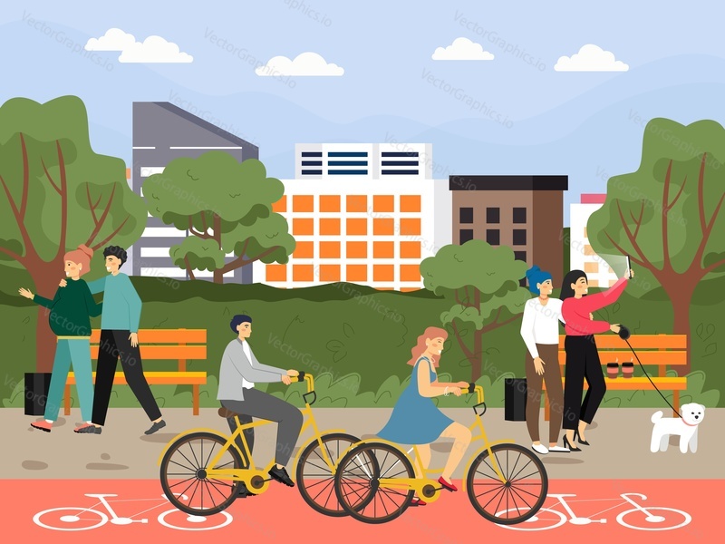 Happy people riding bicycle, walking with dog, taking selfie in city park, flat vector illustration. Outdoor leisure activity.