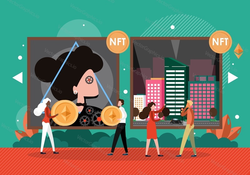 NFT artists selling their unique digital artworks to buyers, collectors, flat vector illustration. Crypto art market, auction. Non-fungible token, NFT technology. Ethereum blockchain.