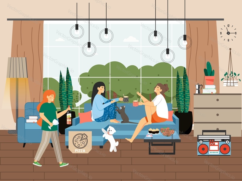 Girls party. Happy young women friends spending time together at home, flat vector illustration. Female characters eating pizza, cakes, drinking wine, coffee, listening to music and having fun.
