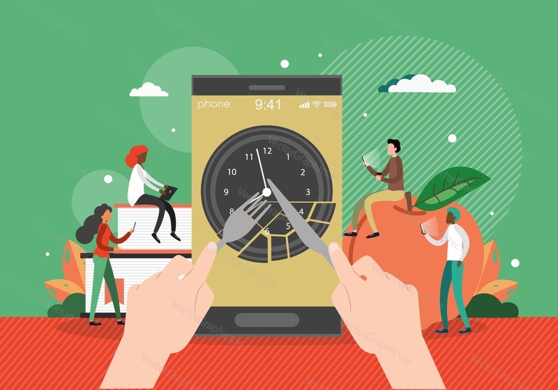 Smartphone with clock, human hands holding fork and knife, office people with mobile phones, flat vector illustration. Lunch time mobile app concept.
