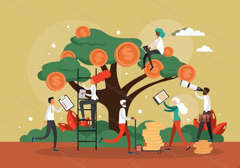Money tree and business people collecting coins, analysing income, looking through telescope, flat vector illustration. Business vision, investments, statistics, financial growth.