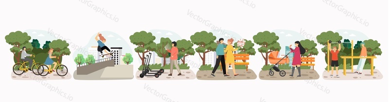 Happy people riding bicycle, electric scooter, skateboarding, training outdoors, couple and mom with baby pram walking in city park, flat vector isolated illustration. Outdoor leisure activity.