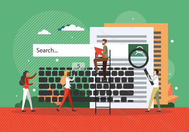 Web search, flat vector illustration. Male and female characters with magnifying glass, arrow, keyboard searching for information they need. Search engine.