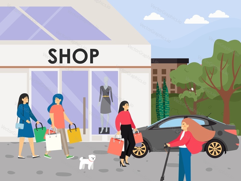 Happy women shopping, flat vector illustration. Shop building. Beautiful ladies carrying shopping bags with purchases.