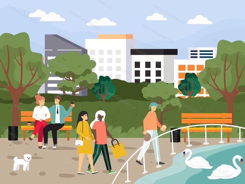 Happy people sitting on bench and drinking coffee, walking, feeding swans in city park, flat vector illustration. Outdoor leisure activity.