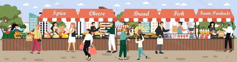 Local marketplace. Market stalls, food stands. Farmers selling fruits, spices, fish, meat, cheese, bread, flat vector illustration. Eco farm products, natural and organic fruits and vegetables.