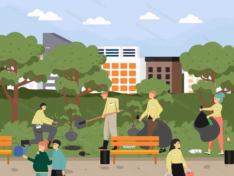 Volunteers collecting garbage, planting trees in city park, flat vector illustration. Volunteering, ecology, save nature, environment care.