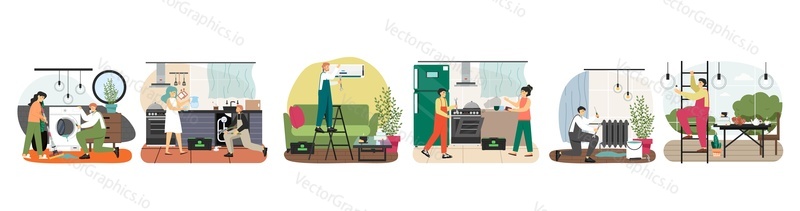 Male characters fixing broken sink drain, heating radiator, washing machine, oven, air conditioner, flat vector illustration. Plumber, electrician, repairman, home appliance repair technician services