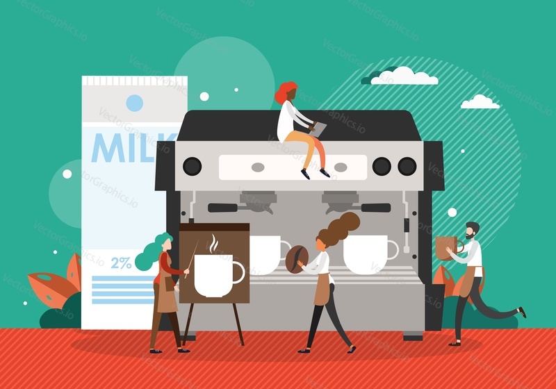 Barista cartoon characters making coffee, giving presentation, sitting on espresso machine with laptop, flat vector illustration. Coffee barista online course, training.