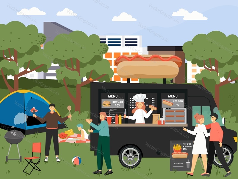 Happy people taking rest in city park, flat vector illustration. Male and female characters having picnic, eating grilled meat and street food. Bbq party, summer camp, weekend, outdoor leisure.