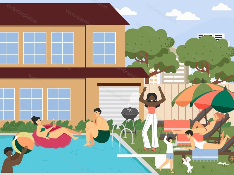 Hotel, resort swimming pool. People relaxing on inflatable ring, playing ball, sunbathing on chaise lounge, drinking cocktail, flat vector illustration. Summer vacation, travel, pool party.
