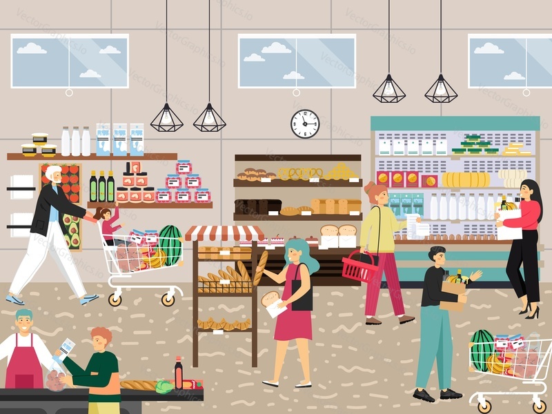 Shoppers in supermarket, grocery store, food shop, market, flat vector illustration. People buying fruits, vegetables, fresh bread, diary products, paying for purchases. Buyers shopping for food.