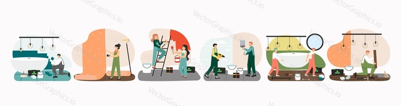 Home repair scene set, flat vector isolated illustration. Repairman, workman characters painting wall, wallpapering, laying tiles and laminate. Handyman service. Home renovation and improvement.