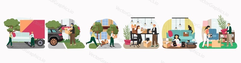 People moving to new house, office, packing things and belongings in cardboard boxes. Loaders carrying sofa and boxes, flat vector illustration. Moving house and relocation services.