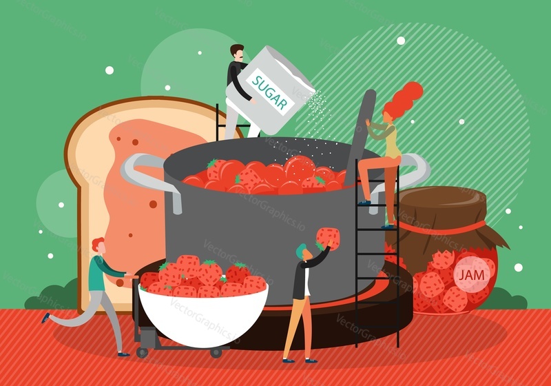 People cooking tasty dessert, handmade food strawberry jam in large pan, flat vector illustration. Fruit jam making, production.
