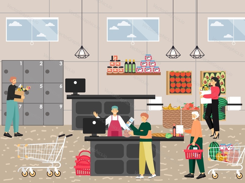 Supermarket entrance with lockers, cashier desk. People buying food products, paying for purchases, flat vector illustration. Shoppers with shopping basket, trolley. Food store, groceries.