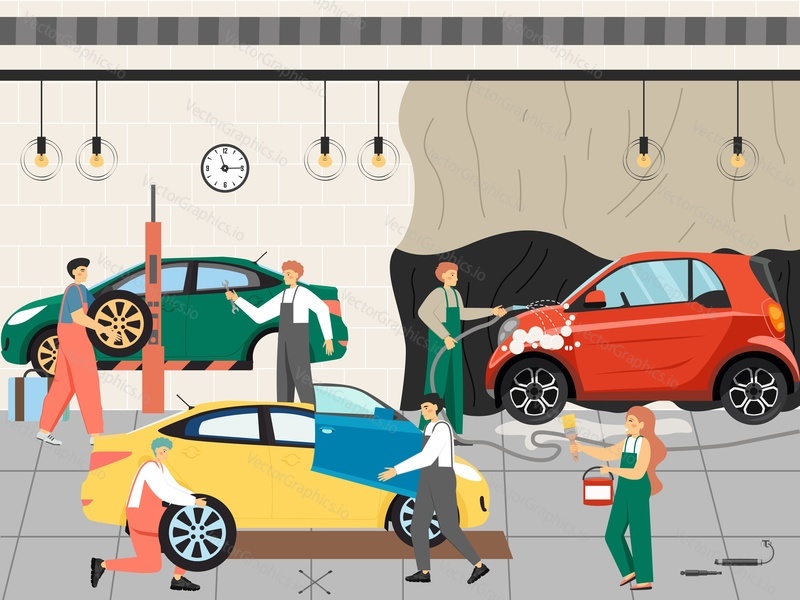 Car wash, tires, repairs, auto mechanic and maintenance service, flat vector illustration. Male and female characters changing tire, painting and washing car. Automobile workshop.