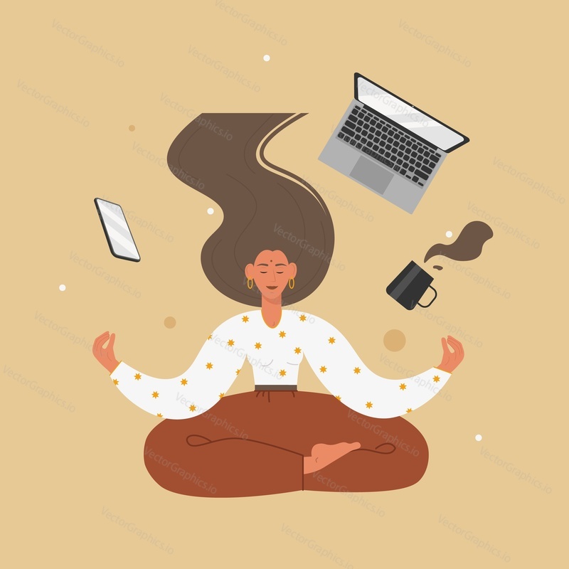 Young woman meditating sitting in yoga position, flat vector illustration. Girl relaxing without coffee, mobile phone and laptop computer. Harmony, wellness. Yoga time. Healthy lifestyle.