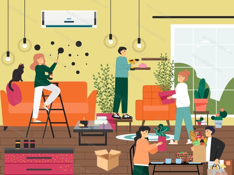 Home repair and improvement, wall decor. Interior designer decorating living room, flat vector illustration. People painting mural on the wall, arranging houseplants, installing shelves.