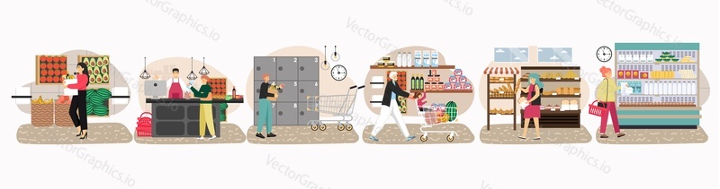 Shoppers in supermarket, grocery store, food shop, market, flat vector illustration. People choosing fruits, vegetables, diary food products, paying for purchases. Buyers shopping with trolley, basket
